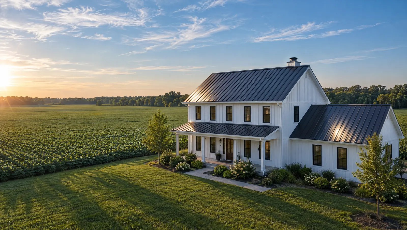 White farmhouse with a new dark standing-seam metal roof among Indiana fields
